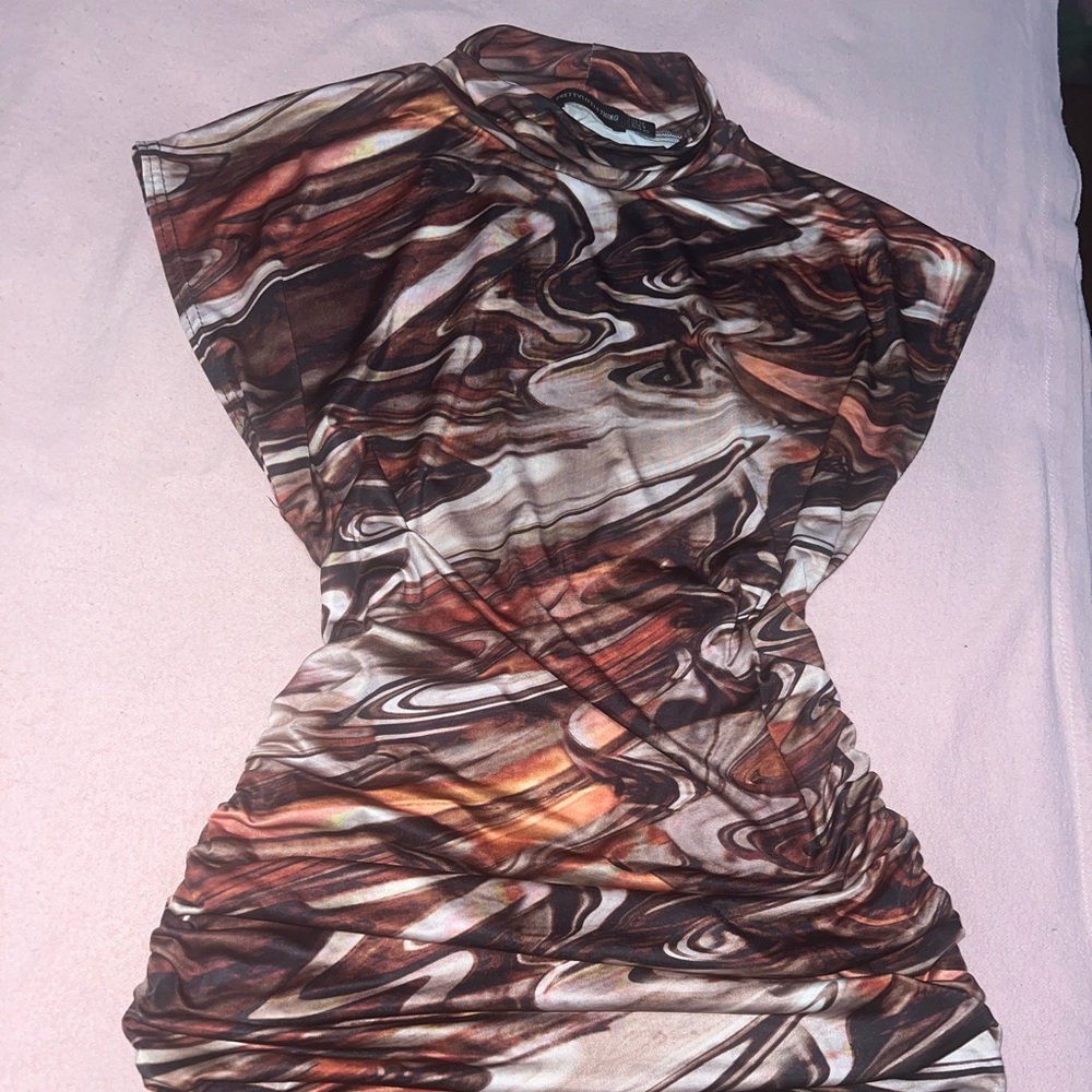 Marble 🤎 Brown Silky Stretchy Ruched Mini Dress PRETTY LITTLE THING 🥰